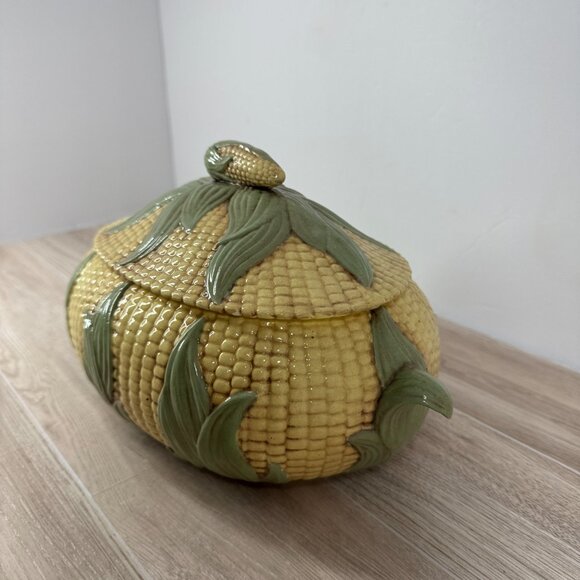 Vintage MKL Majolica Style Corn Soup Tureen Ceramic Lidded Vegetable Bowl - Picture 3 of 11